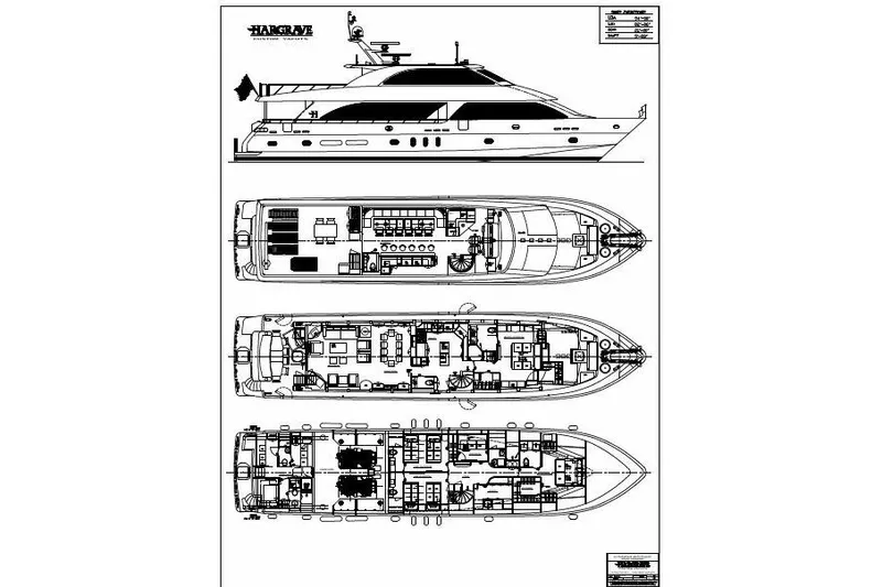 Slide: The Image of Blueprint of 2014 Hargrave Sky Lounge yacht, showcasing detailed deck layouts and side profile. - 42
