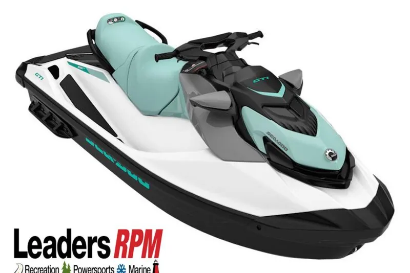 The Image of 2026 Sea-Doo GTI 130 jet ski in white and teal, displayed by Leaders RPM. - 1