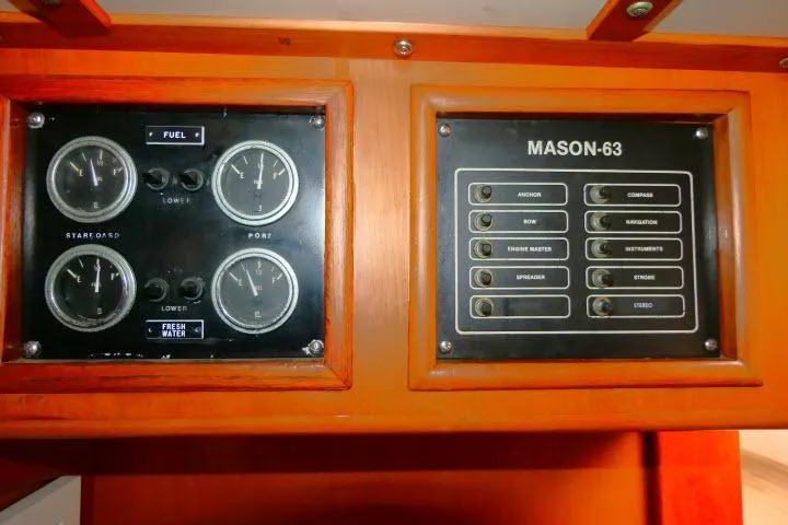 Slide: The Image of Electrical panel on 1982 Ta Shing Mason 63 yacht, featuring switches and wooden interior. - 57