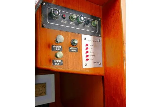 Slide: The Image of Control panel of 1982 Ta Shing Mason 63 yacht with labeled switches. - 60