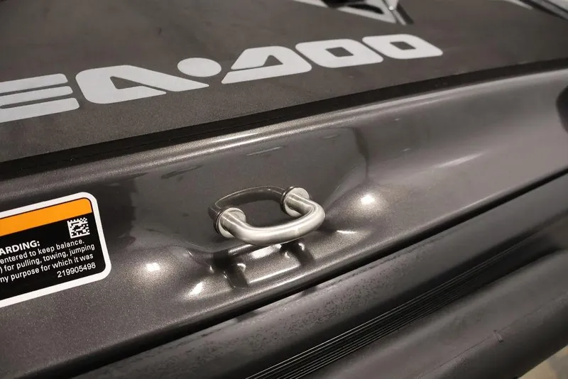 Slide: The Image of 2026 Sea-Doo GTI SE 130 close-up showing logo and safety warning label. - 21