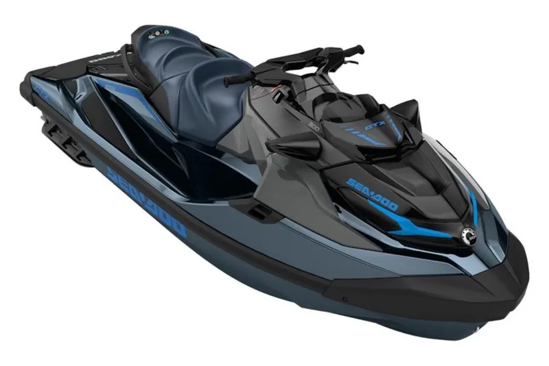 Slide: The Image of 2026 Sea-Doo GTX 300 jet ski, sleek design, blue and black color scheme. - 2