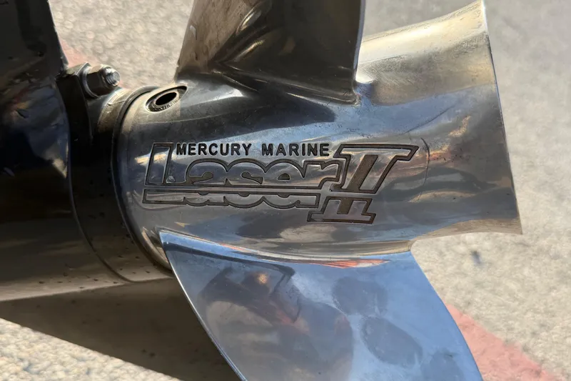 Slide: The Image of Close-up of Mercury Marine Laser II propeller on 2015 Nitro Z-6 boat. - 12