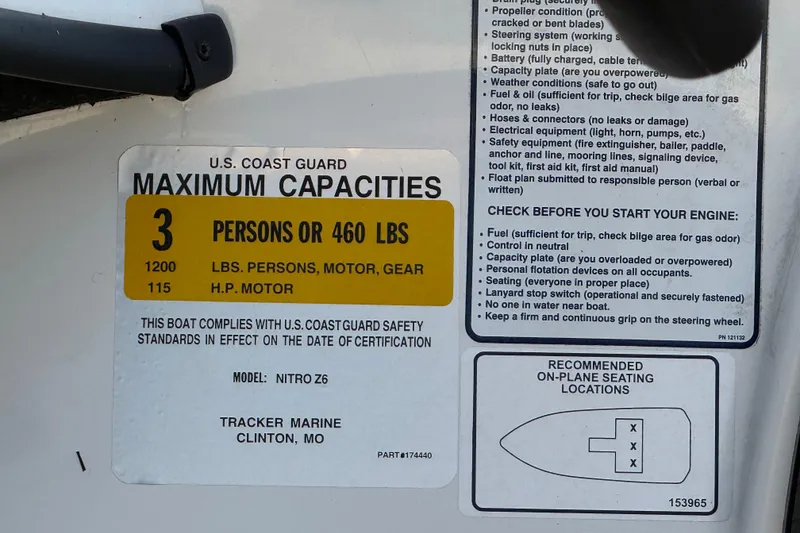 Slide: The Image of 2015 Nitro Z-6 boat capacity label: 3 persons or 460 lbs, 1200 lbs total, 115 HP motor. - 28