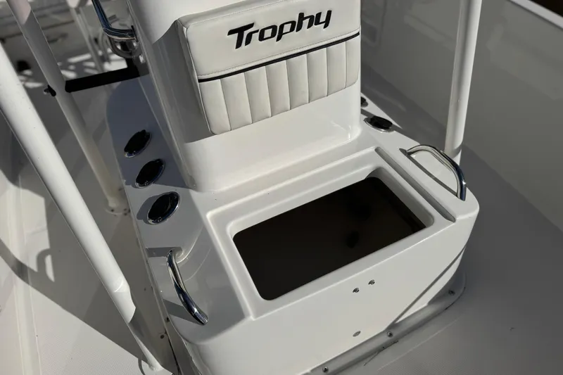 Slide: The Image of 2022 Trophy T18 boat console with storage compartment and rod holders. - 12