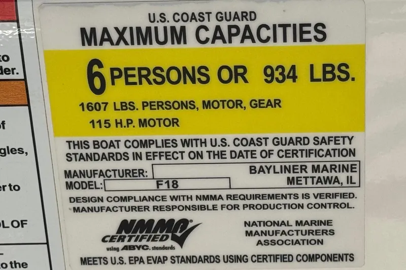 Slide: The Image of U.S. Coast Guard capacity label for Trophy T18, 2022, 6 persons or 934 lbs. - 28