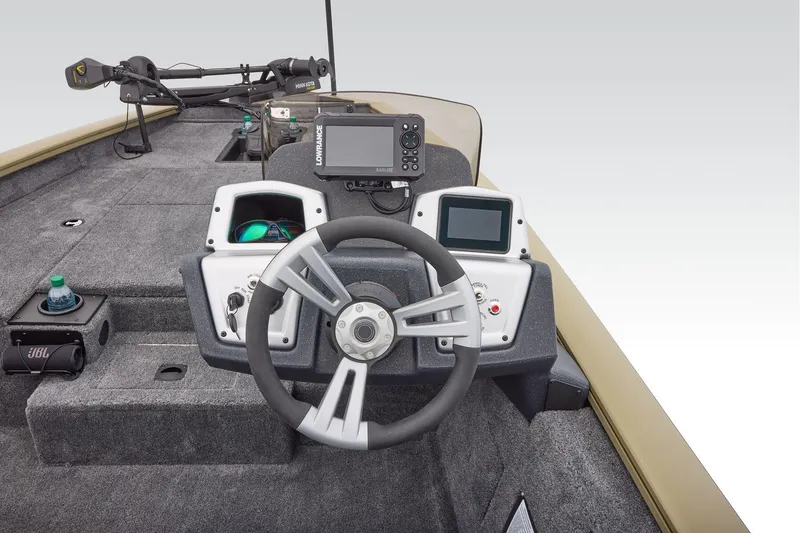 Slide: The Image of 2026 Tracker Pro Team 175 TXW Tournament Edition boat dashboard with steering wheel and electronics. - 4