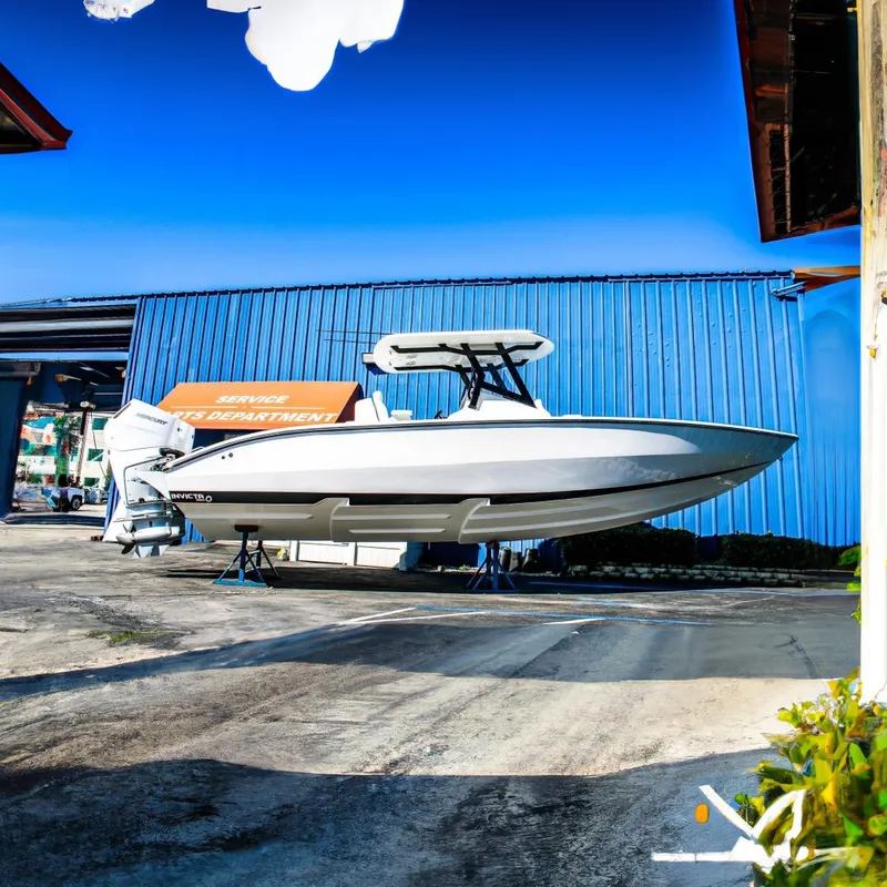 The Image of 2026 Invicta 320 CC boat displayed at service department, blue building background. - 0