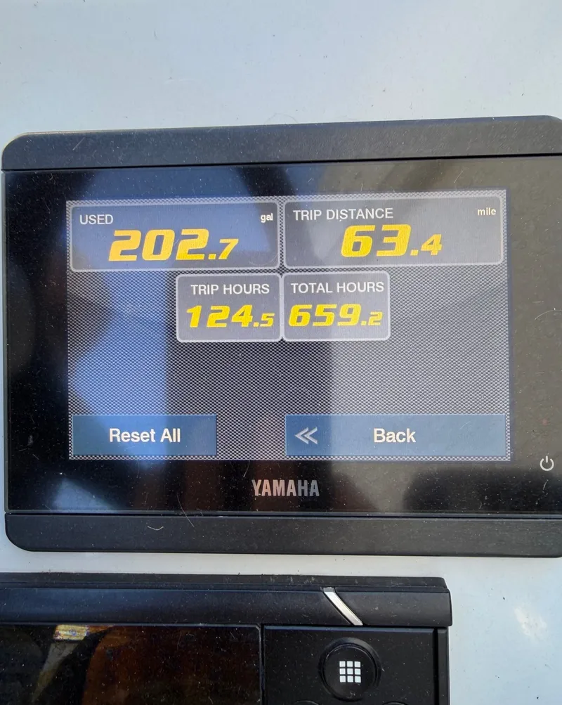 Slide: The Image of Yamaha display showing fuel usage and trip data. - 42