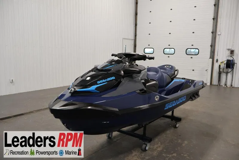 The Image of 2026 Sea-Doo GTX 170 jet ski in showroom, featuring sleek design and blue accents. - 2