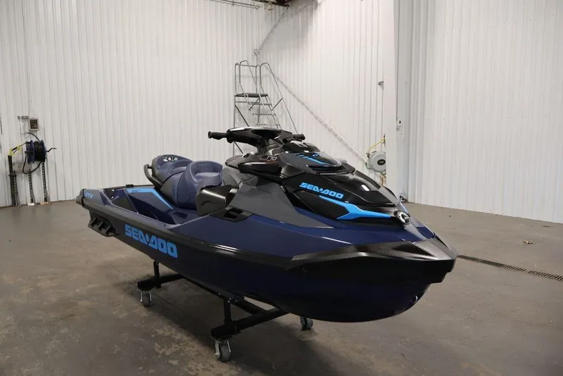 Slide: The Image of 2026 Sea-Doo GTX 170 jet ski in a showroom, showcasing sleek design and modern features. - 9