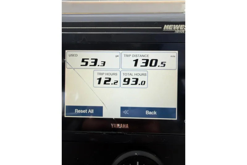 Slide: The Image of Yamaha display showing fuel usage, trip distance, and hours for 2022 Hewescraft 220 Ocean Pro Hardtop. - 10