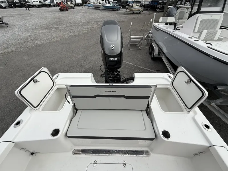 Slide: The Image of Sea Pro 250 Bay TABS-350HP boat, rear view with engine, 2026 model. - 14