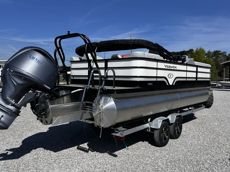 Slide: The Image of 2026 Veranda Vista Series TRITOON-150HP on trailer, Yamaha engine. - 3