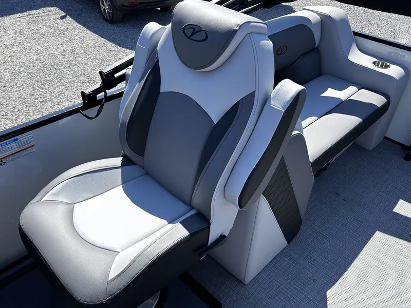 Slide: The Image of 2026 Veranda Vista Series TRITOON-150HP seating area in gray design. - 12