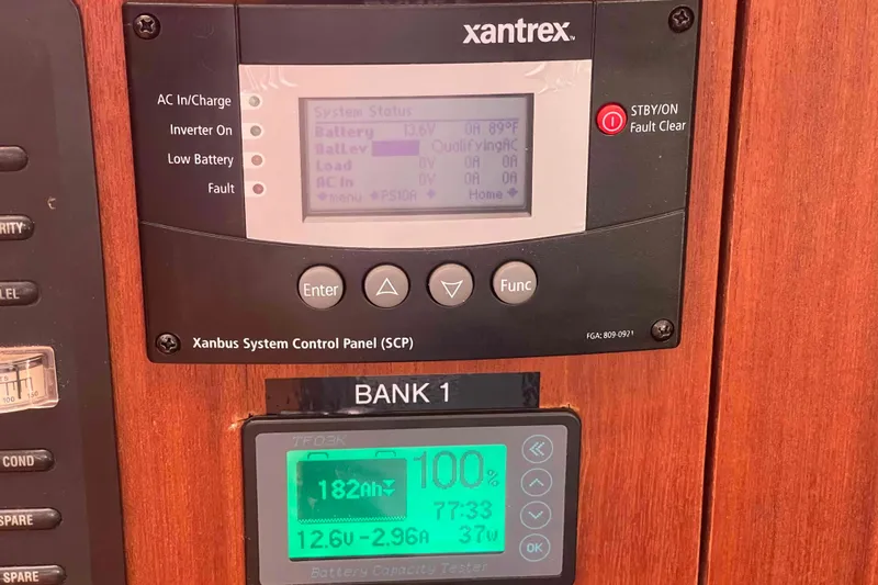 Slide: The Image of Xantrex control panel on 2006 Hunter 36 sailboat, displaying battery and system status. - 25