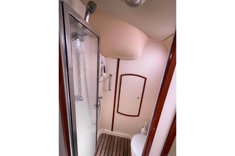 Slide: The Image of Bathroom interior of 2006 Hunter 36 yacht with shower and toilet. - 30
