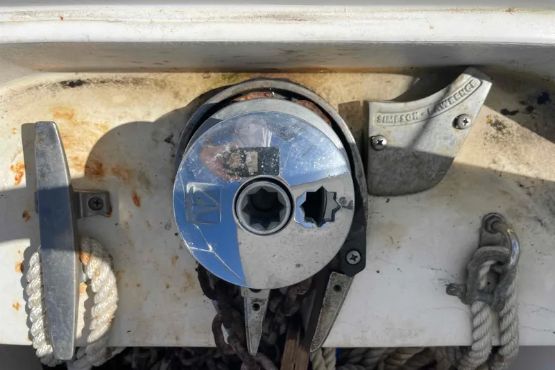 Slide: The Image of Anchor windlass on 2006 Hunter 36 sailboat, featuring Simpson Lawrence components. - 56