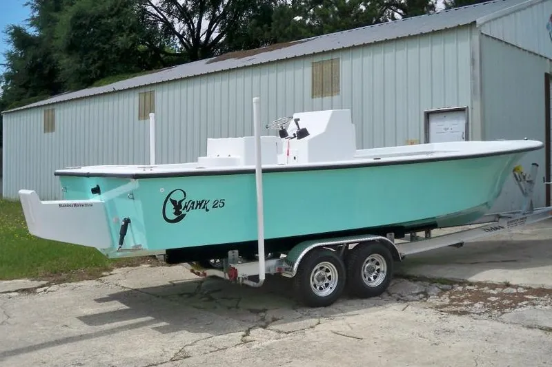 Slide: The Image of Manufacturer Provided Image: 2026 C-Hawk 25 Center Console boat on trailer, parked outside a metal building. - 5