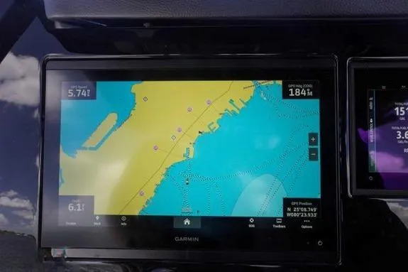 Slide: The Image of Garmin navigation display on 2023 Fountain 38 Tournament Edition boat, showing nautical map. - 20