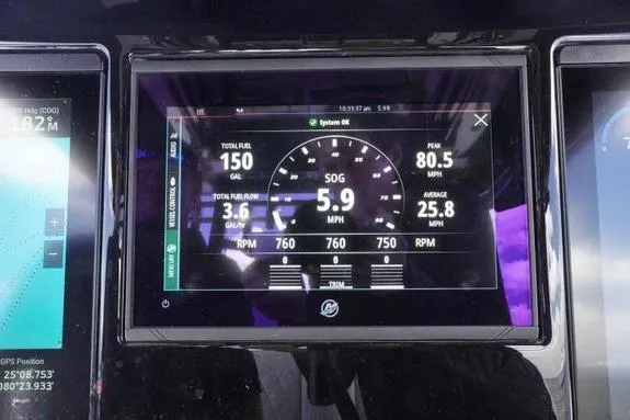 Slide: The Image of Dashboard display of 2023 Fountain 38 Tournament Edition showing speed, fuel, and RPM metrics. - 21