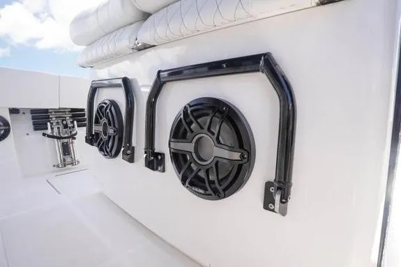 Slide: The Image of 2023 Fountain 38 Tournament Edition boat speakers and seating detail. - 42