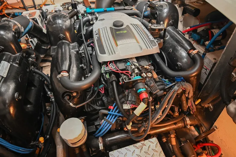 Slide: The Image of Engine room of 2012 Sea Ray Sundancer 330 with dual Horizon engines. - 56