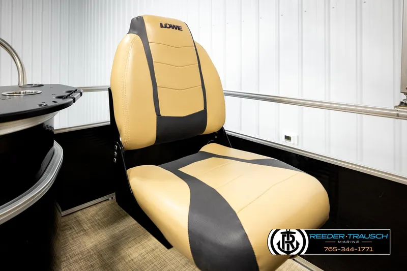 Slide: The Image of 2019 Lowe SF 212 Sport Fish boat seat, beige and black design, Reeder-Trausch Marine logo. - 37