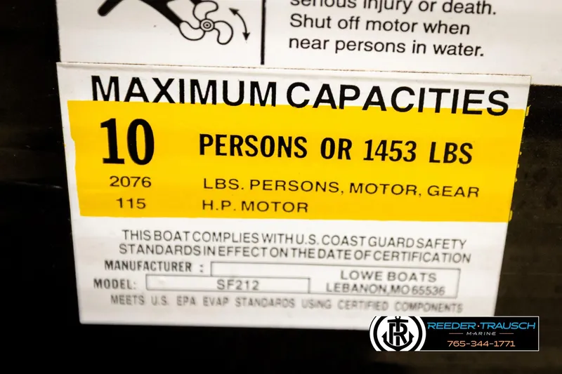 Slide: The Image of 2019 Lowe SF 212 Sport Fish capacity label, 10 persons or 1453 lbs, 115 HP motor. - 52