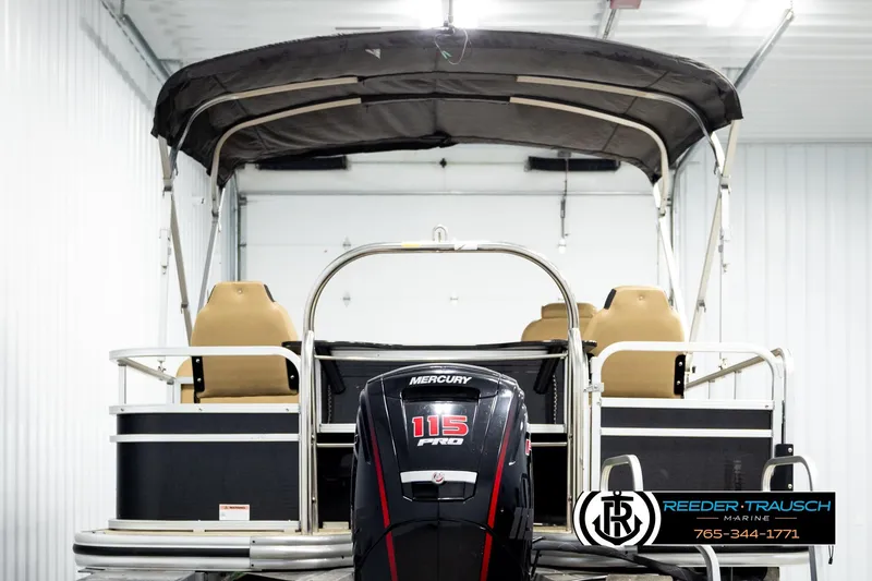 Slide: The Image of 2019 Lowe SF 212 Sport Fish pontoon boat with Mercury 115 Pro motor in a showroom. - 7