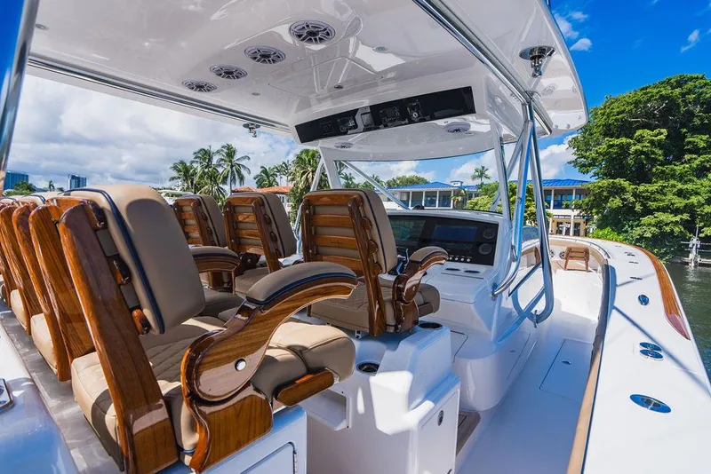 Slide: The Image of 2023 Valhalla Boatworks V-46 interior with luxurious seating and modern design. - 49
