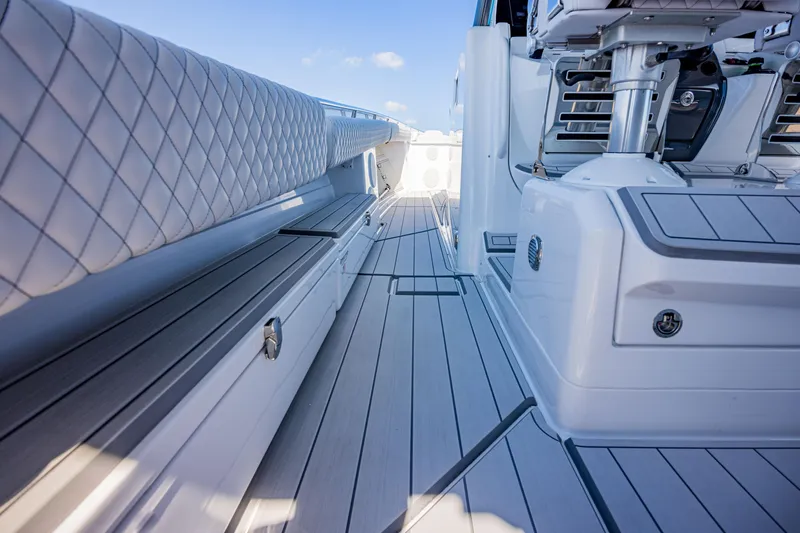 Slide: The Image of 2024 HCB 53 Suenos luxury boat interior with sleek seating and modern design. - 9