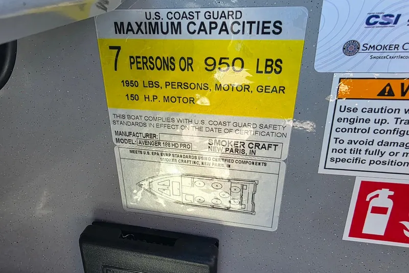 Slide: The Image of 2026 Smoker Craft Avenger 188 HD Pro capacity label, 7 persons or 950 lbs, 150 HP motor. - 15