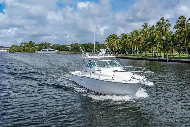 Slide: The Image of 2000 Rampage 30 Express boat cruising on a scenic waterway with palm trees. - 2