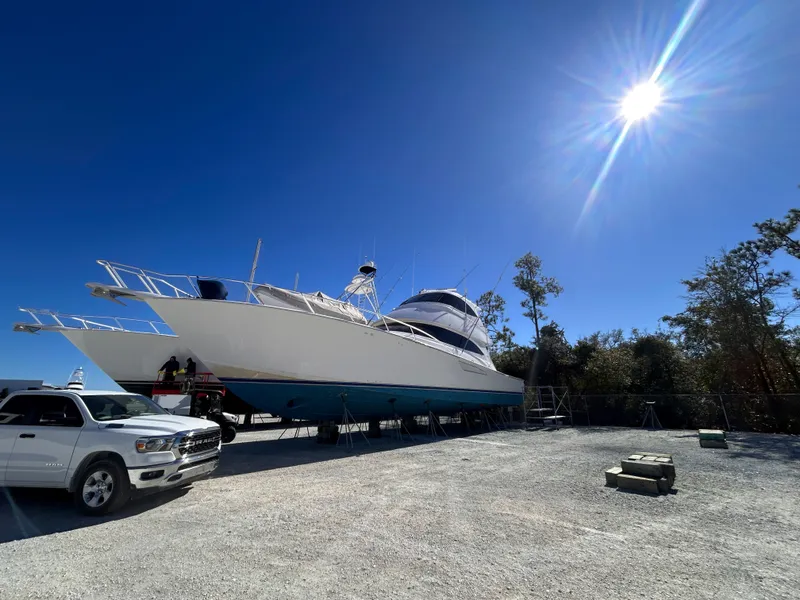 Slide: The Image of Viking ENC FB 2014 yacht in dry dock under bright blue sky. - 2