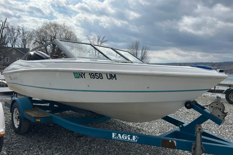 The Image of 1993 Larson All American 160 boat on trailer under cloudy sky. - 0