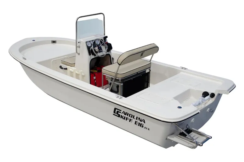 The Image of Manufacturer Provided Image: 2026 Carolina Skiff E16 JVX CC boat, white hull, center console, seating, and storage. - 1