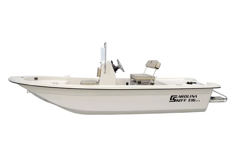 Slide: The Image of Manufacturer Provided Image: 2026 Carolina Skiff E16 JVX CC boat, side view, white hull, center console design. - 3