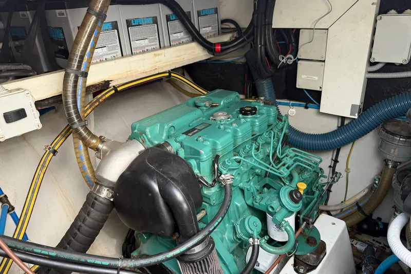 Slide: The Image of Engine room of 2008 Fountaine Pajot Salina 48 Evolution catamaran, showcasing mechanical components. - 31