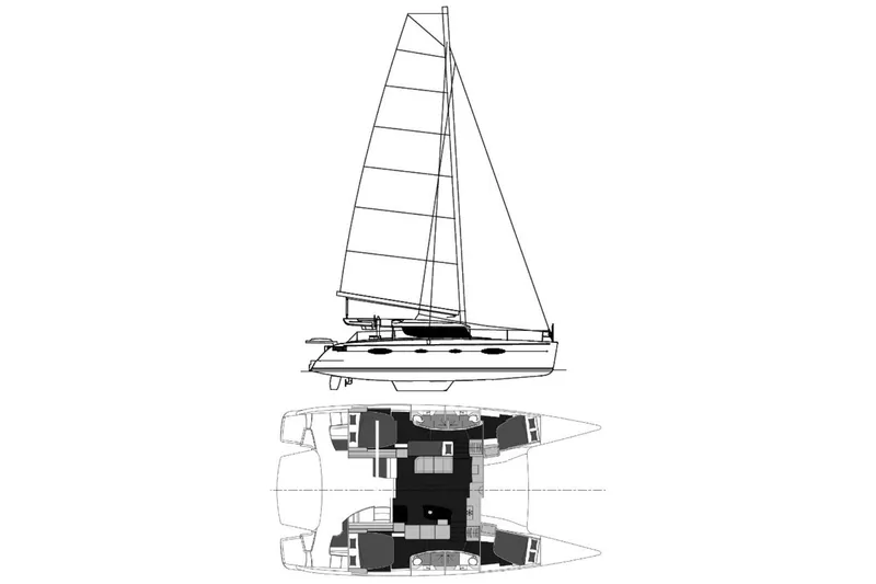 Slide: The Image of Line drawing of 2008 Fountaine Pajot Salina 48 Evolution catamaran, side and top views. - 33