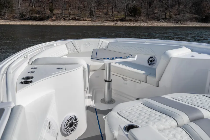 Slide: The Image of Luxurious seating area on 2026 Fountain 43 SCX boat, featuring elegant white upholstery. - 15