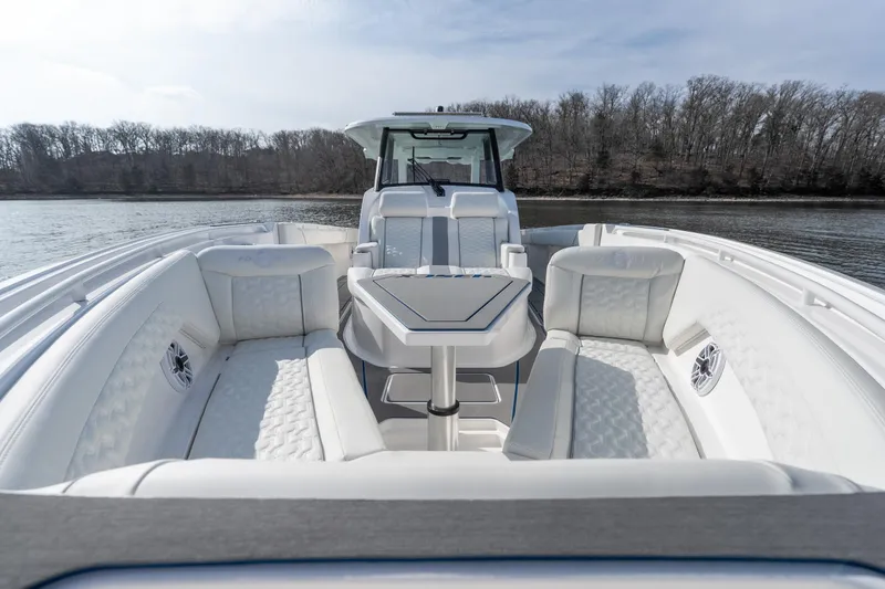 Slide: The Image of Luxurious 2026 Fountain 43 SCX boat interior with plush seating and sleek design. - 17