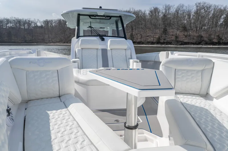 Slide: The Image of Luxurious 2026 Fountain 43 SCX boat interior with plush seating and sleek design. - 18