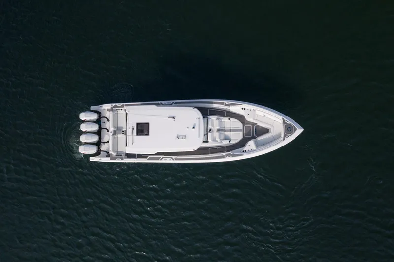 Slide: The Image of Aerial view of 2026 Fountain 43 SCX boat on water. - 2