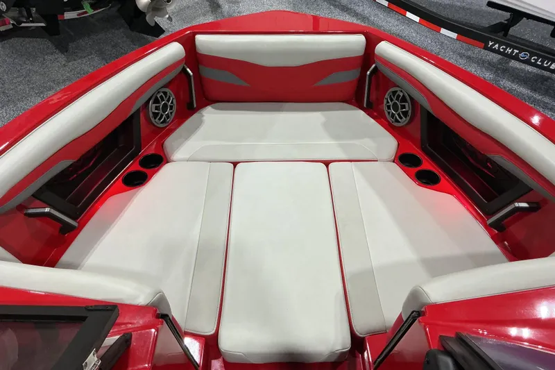 Slide: The Image of Red and white interior of 2022 Axis T250 boat with seating and speakers. - 14