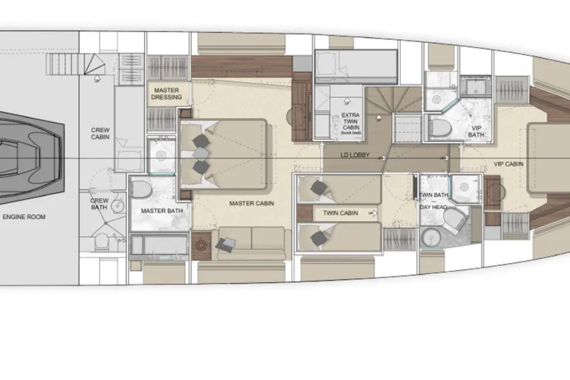 Slide: The Image of Floor plan of 2027 Solaris Power 70 GRAND COUPE yacht with detailed cabin layout. - 12