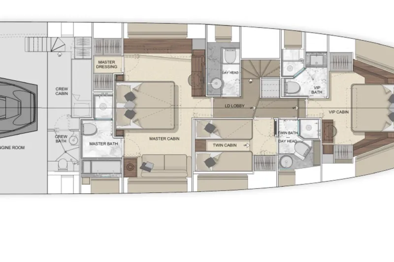 Slide: The Image of Floor plan of 2027 Solaris Power 70 GRAND COUPE yacht, featuring cabins and amenities. - 13