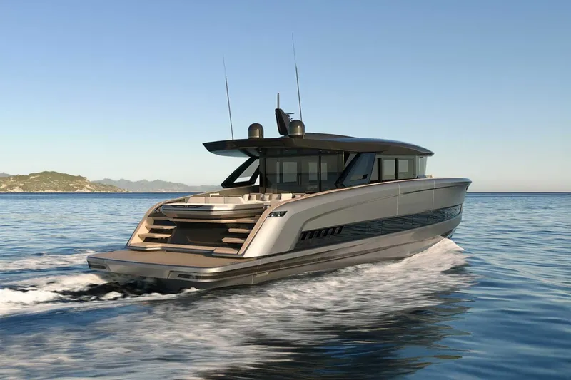 Slide: The Image of 2027 Solaris Power 70 GRAND COUPE luxury yacht cruising on open water. - 2