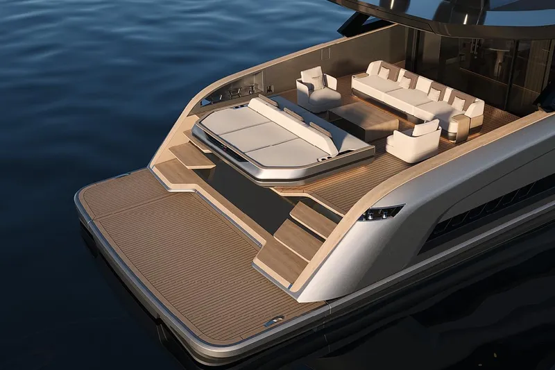 Slide: The Image of Luxurious 2027 Solaris Power 70 GRAND COUPE yacht with elegant deck and seating area. - 4
