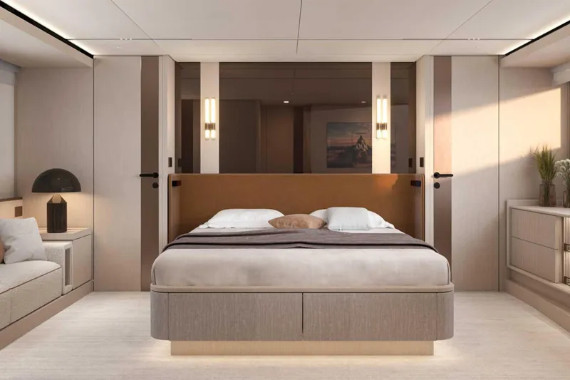 Slide: The Image of Luxurious bedroom interior of 2027 Solaris Power 70 GRAND COUPE yacht, featuring modern design and elegant furnishings. - 5